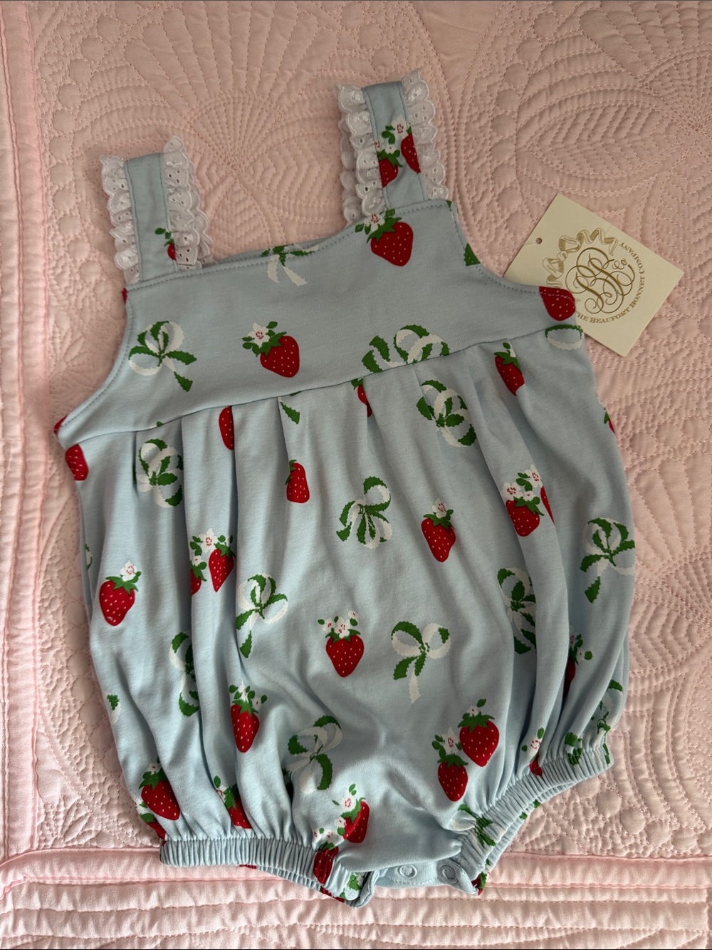 The Beaufort Bonnet Company Light Blue Strawberry Print Bubble Romper